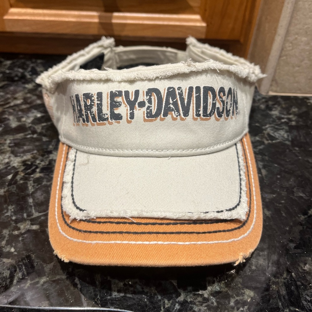 Harley-Davidson Tan and White Visor.  Never worn.  Been sitting on hat rack.